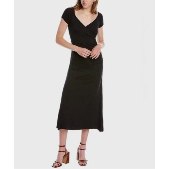 Vince Womens Size Large Black Short Sleeve Faux Wrap Midi Dress  NEW - Picture 1 of 2